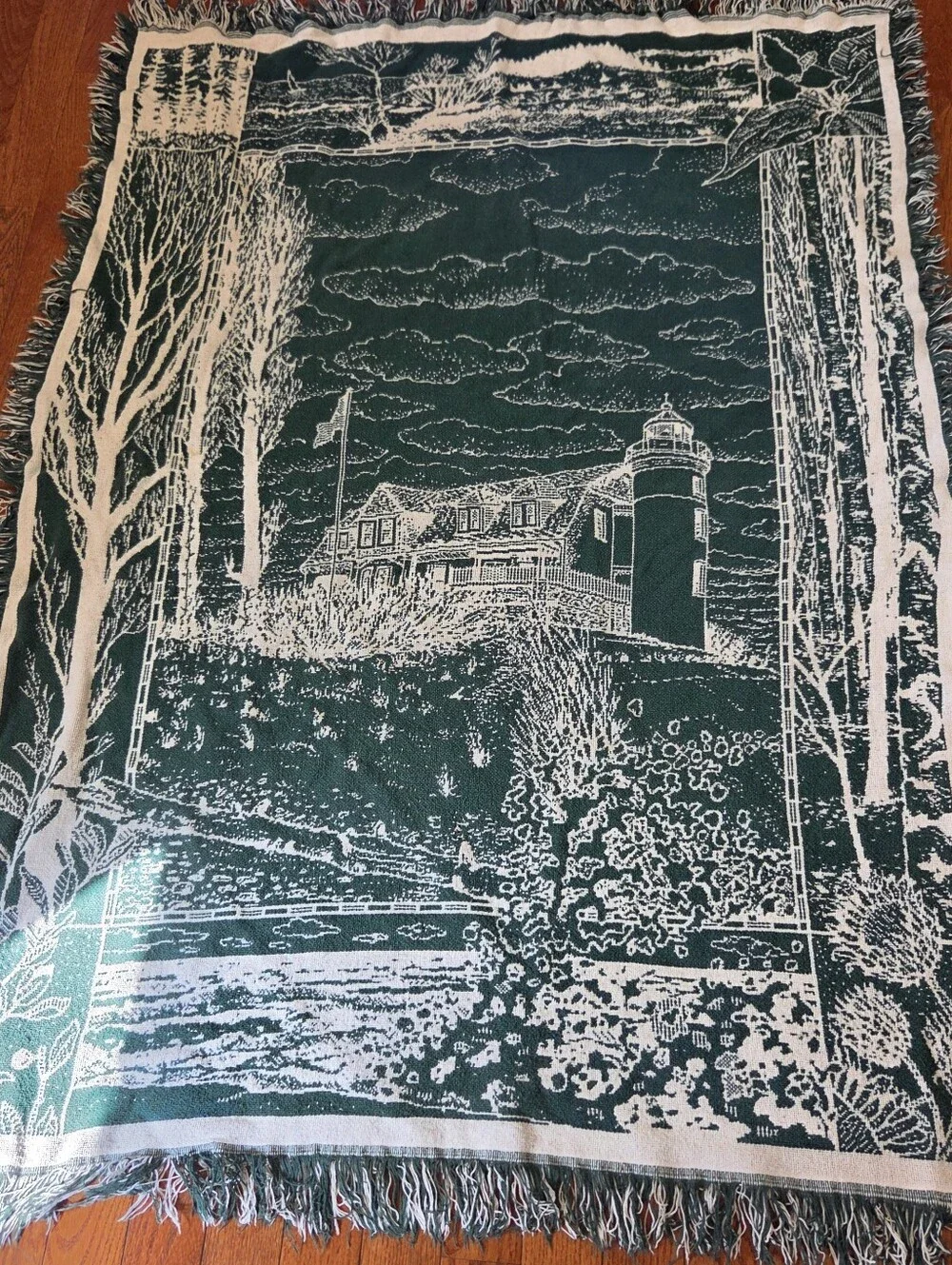 Jacquard Woven 100% Cotton Throw Blanket Fringed Lighthouse Rural Green White